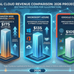 Infographic comparing 2026 projected cloud revenue for AWS ($175B), Microsoft Azure ($135B), and Google Cloud ($105B).