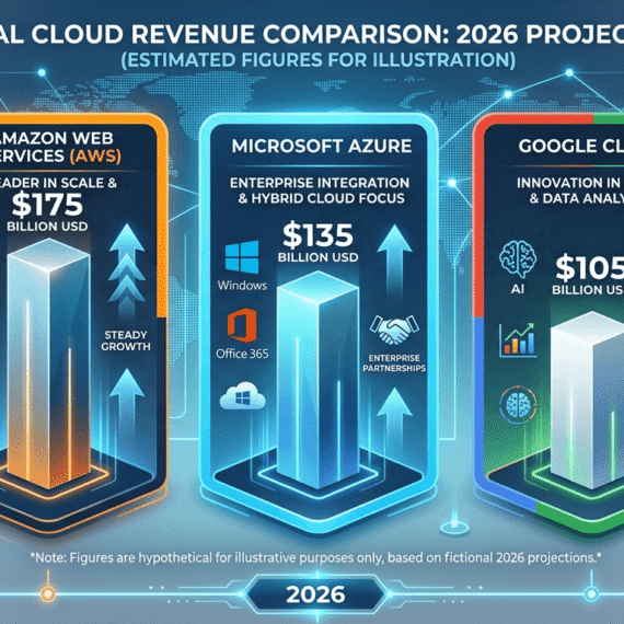 Infographic comparing 2026 projected cloud revenue for AWS ($175B), Microsoft Azure ($135B), and Google Cloud ($105B).