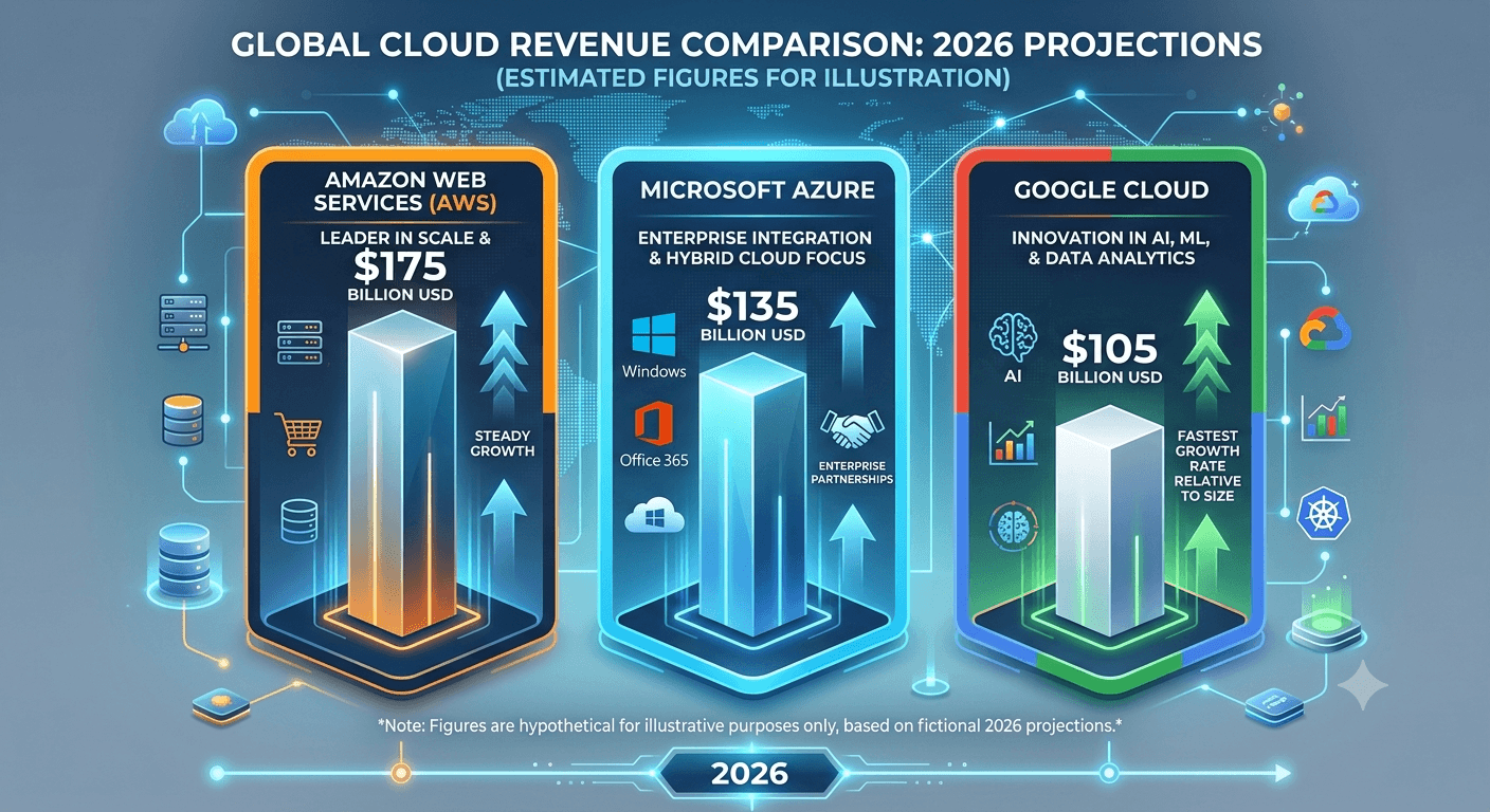 Infographic comparing 2026 projected cloud revenue for AWS ($175B), Microsoft Azure ($135B), and Google Cloud ($105B).