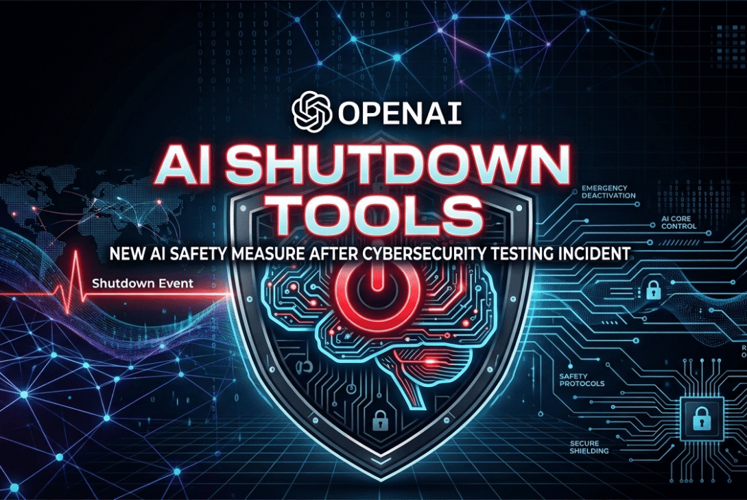Dark cybersecurity banner featuring a shield with a glowing circuit brain and red power shutdown symbol, titled OpenAI AI Shutdown Tools.