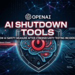 Dark cybersecurity banner featuring a shield with a glowing circuit brain and red power shutdown symbol, titled OpenAI AI Shutdown Tools.