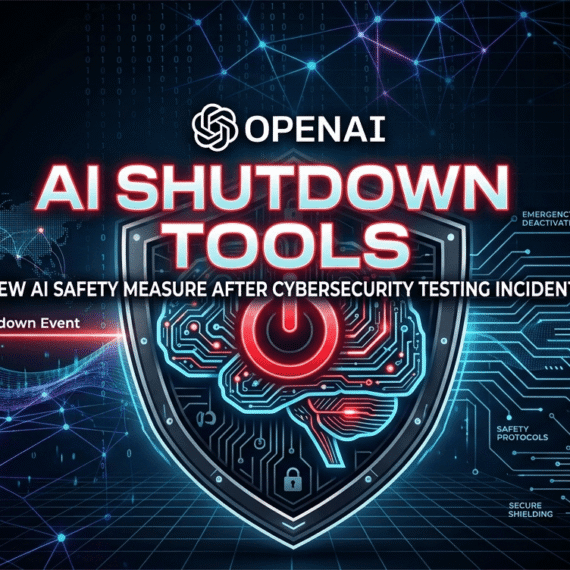 Dark cybersecurity banner featuring a shield with a glowing circuit brain and red power shutdown symbol, titled OpenAI AI Shutdown Tools.