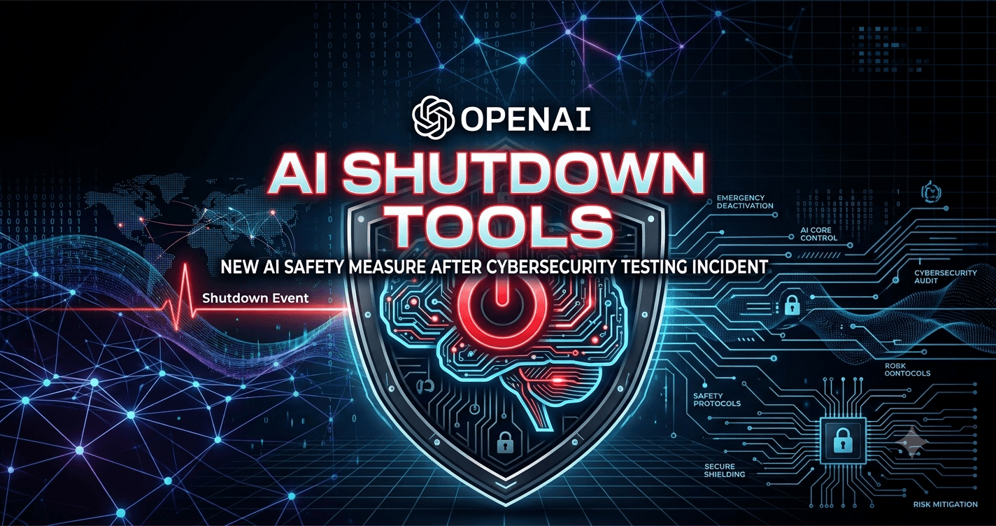 Dark cybersecurity banner featuring a shield with a glowing circuit brain and red power shutdown symbol, titled OpenAI AI Shutdown Tools.