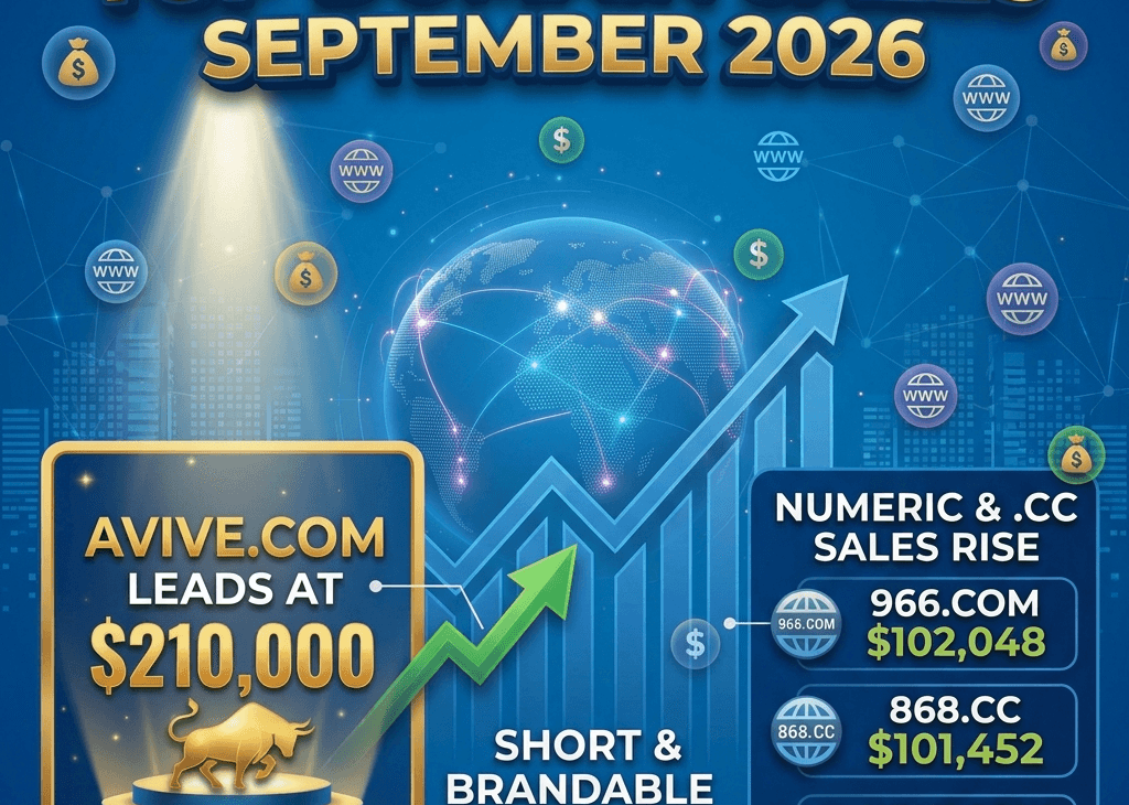 Infographic of Top Domain Sales September 2026 highlighting Avive.com lead sale at $210,000 and top numeric domain transactions.