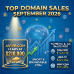 Infographic of Top Domain Sales September 2026 highlighting Avive.com lead sale at $210,000 and top numeric domain transactions.