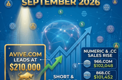 Infographic of Top Domain Sales September 2026 highlighting Avive.com lead sale at $210,000 and top numeric domain transactions.