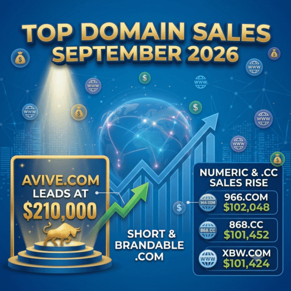 Infographic of Top Domain Sales September 2026 highlighting Avive.com lead sale at $210,000 and top numeric domain transactions.