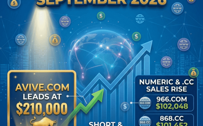 Infographic of Top Domain Sales September 2026 highlighting Avive.com lead sale at $210,000 and top numeric domain transactions.